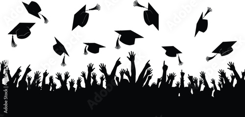 Graduation celebration silhouettes with students throwing mortarboard caps in the air symbolizing academic success achievement education milestone and joyful university commencement moment