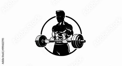 Muscular man lifting a barbell inside a circle, black and white illustration