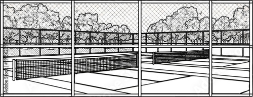 Outdoor tennis court with net, fence, and trees in a sketch-like style