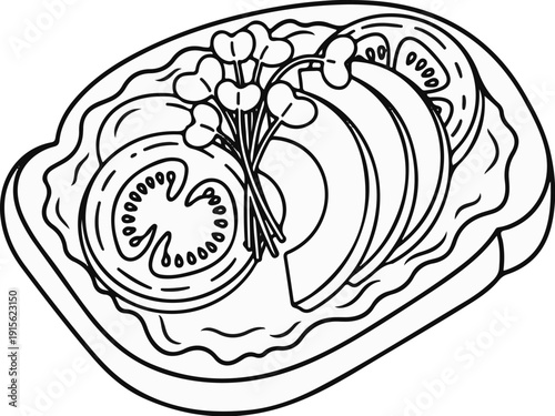 Overhead view of a healthy avocado and tomato toast with sprouts