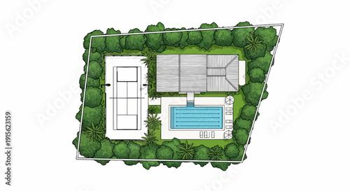 Overhead view of a luxury estate with a tennis court, pool, and home