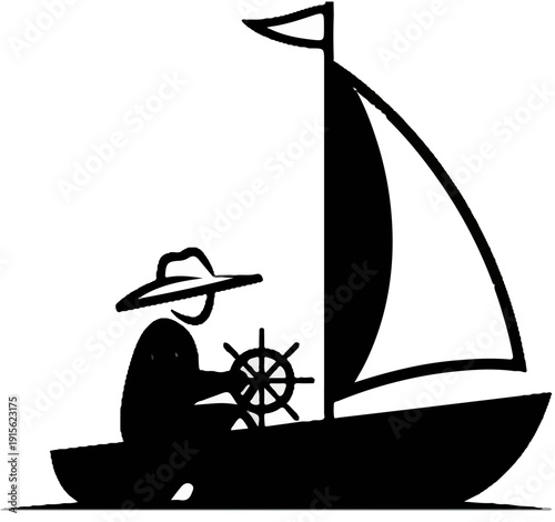 Nautical scene with a person at the helm of a sailboat