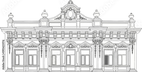 Ornate historical facade with detailed architectural elements and window designs