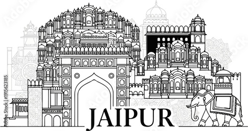 Ornate Indian architectural scene with an elephant and mandalas