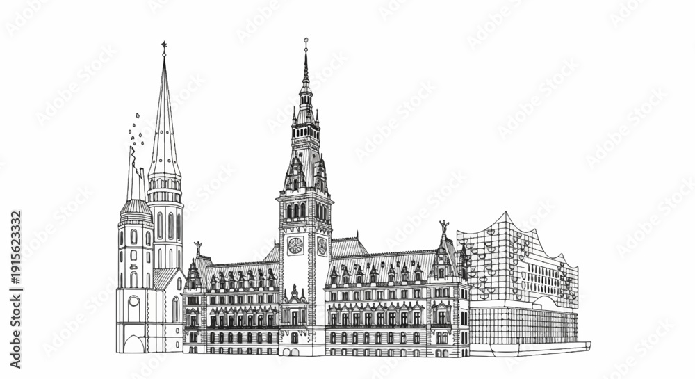 Fototapeta premium Ornate historic cityscape featuring multiple tall spires and grand architecture