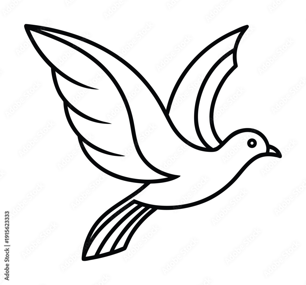 Obraz premium A simple black and white line drawing depicts a dove in mid flight symbolizing peace and freedom