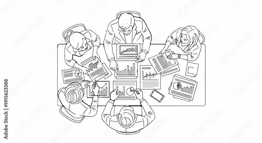 Obraz premium Overhead view of people at a table analyzing charts and data