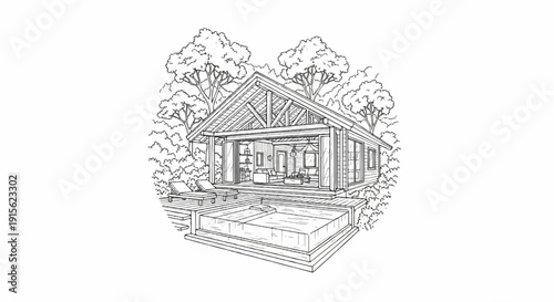 Modern cabin with pool and lush trees