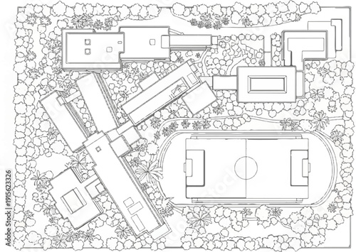 Overhead view of an architectural plan showing buildings, a track, and a sports field