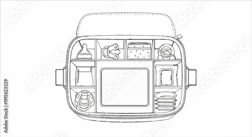 Overhead view of an organized baby bag with compartments for essentials
