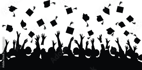 Graduation celebration silhouettes with students throwing caps in the air, success achievement education concept, joyful crowd scene isolated on white background