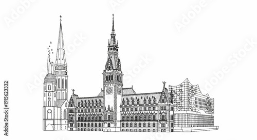 Ornate historic cityscape featuring multiple tall spires and grand architecture