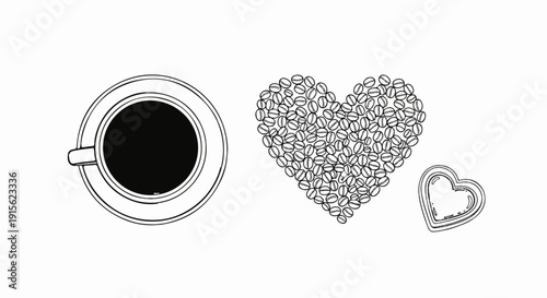 Overhead view of black coffee cup, heart made of beans, and heart outline