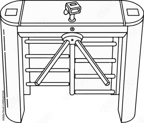 Outline drawing of a secure turnstile with a scanner on top for entry