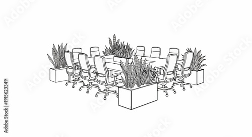 Modern conference room with chairs, plants, and central table