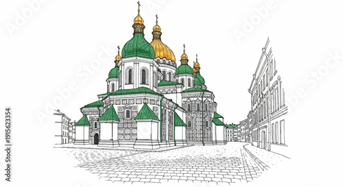 Ornate historic church with gilded and green domed roofs and cobblestone street