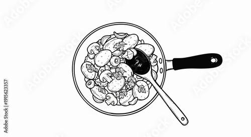 Overhead view of ingredients in a frying pan with a spoon