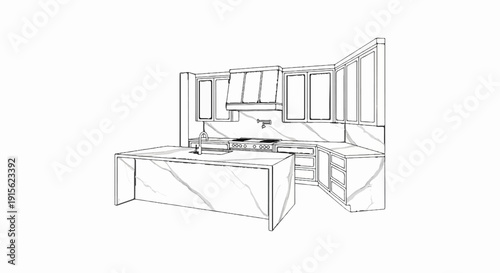 Modern kitchen design with marble countertops, island, and cabinets