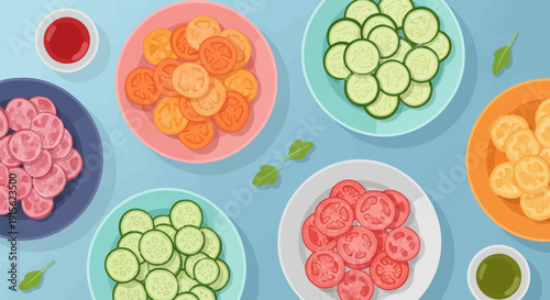 Overhead view of sliced tomatoes, cucumbers, and other colorful ingredients on plates