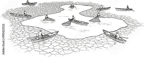 Numerous individuals in small boats are actively fishing in a river