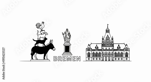 Outline illustration of Bremen Town Musicians, statue, and building