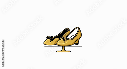 Pair of shiny golden high heels with bows on a display stand