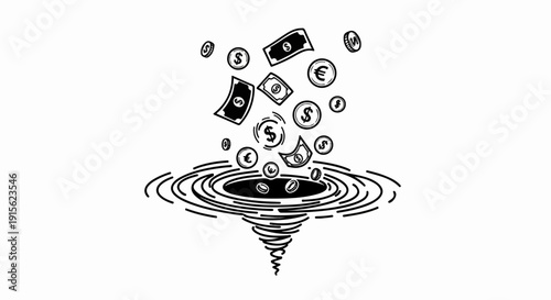 Money and coins are pulled into a swirling vortex, illustrating financial loss or a drain