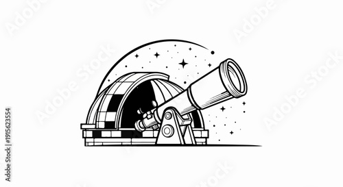 Observatory with telescope pointing at stars under a curved sky