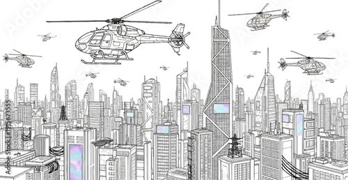 Numerous helicopters fly over a detailed line-art depiction of a sprawling modern cityscape
