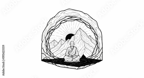 Monk meditates in a cave with mountains and sun rays