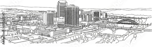 Panoramic line art illustration of a cityscape with bridges and distant hills
