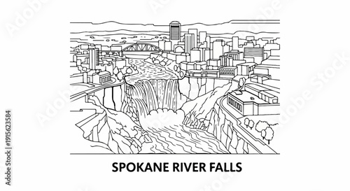 Panoramic illustration of a city skyline featuring large waterfalls and a bridge