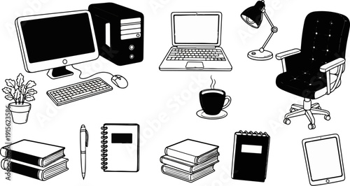 Office and study essentials including a desktop computer, laptop, chair, desk lamp, plant, and books