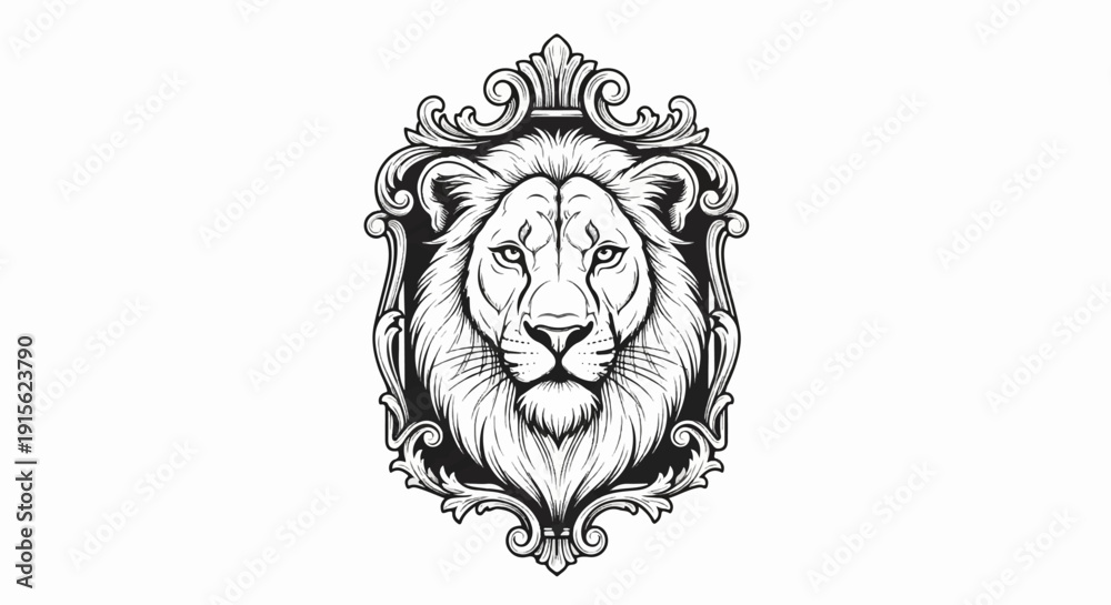 Fototapeta premium Ornate framed lion head illustration, black and white, classic style