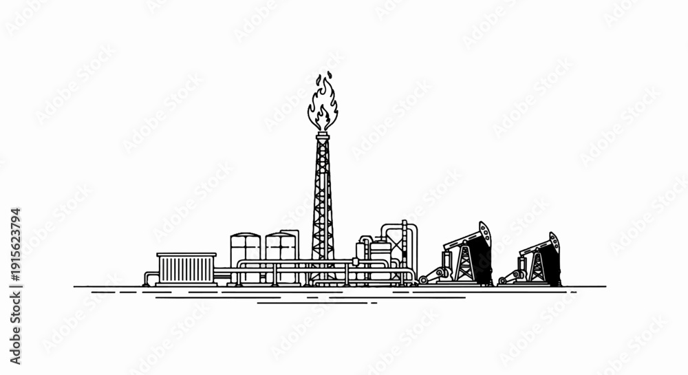 Fototapeta premium Oil refinery with flare stack and pump jacks