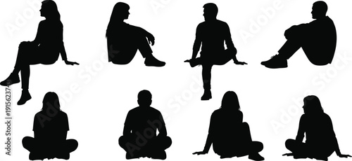 People sitting silhouettes collection in relaxed poses, men and women seated on floor, casual lifestyle concept, human figures isolated on white background