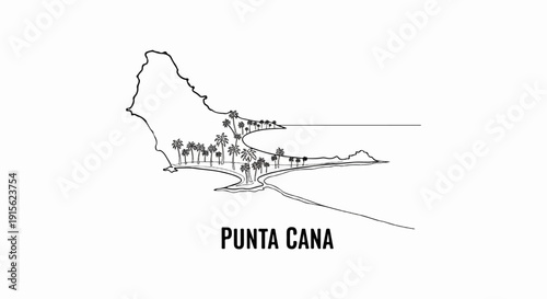 Outline map with palm trees on coastline and text below