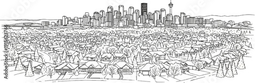 Panoramic view of a dense city skyline and sprawling suburban homes