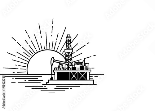 Offshore oil rig with rising sun and waves in minimalist line art