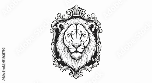 Ornate framed lion head illustration, black and white, classic style