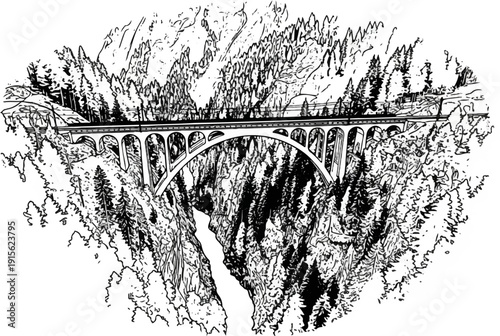 Monochromatic sketch of a large arched bridge spanning a deep, wooded gorge