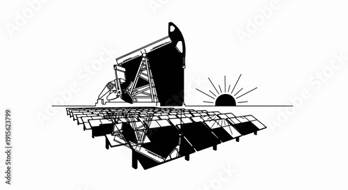 Oil pumpjack and solar panels reflect the sunrise in a stark illustration