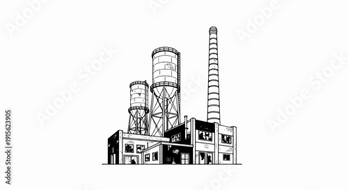 Monochrome illustration of an old industrial factory with tall water towers and smokestack