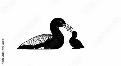 Parent bird feeding chick a worm, drawn in a simple black and white style
