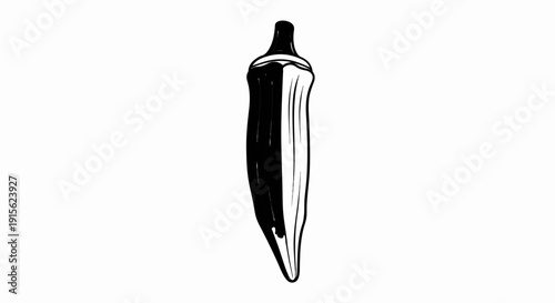 Monochrome sketch of a single, elongated okra pod, isolated on white