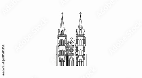 Ornate facade of a grand cathedral with twin spires, clock, and cross