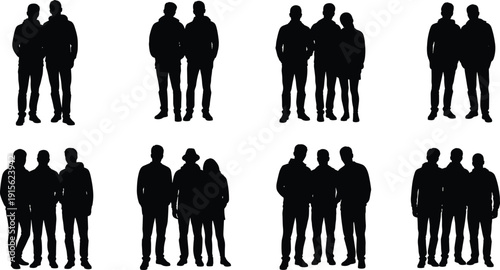 Group of people silhouettes standing together, friends and colleagues teamwork concept, diverse human figures collection isolated on white background for social and business design