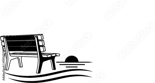 Park bench faces sunset over wavy water, black and white graphic
