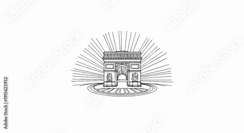Monumental arch with radiating lines and circular base in outline
