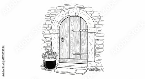 Old wooden door in arched stone wall, with plant and welcome mat